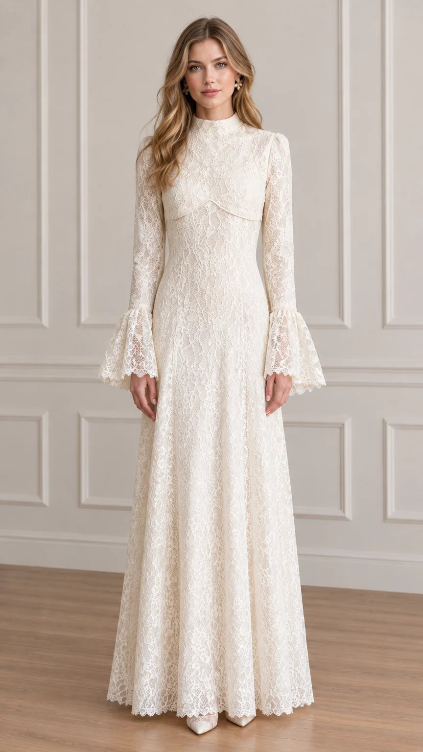 Front view of model wearing ivory high-neck floral lace maxi dress with long bell sleeves