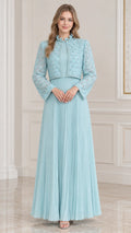 Full front view of elegant sky blue two-piece pleated maxi dress with matching beaded lace bolero jacket