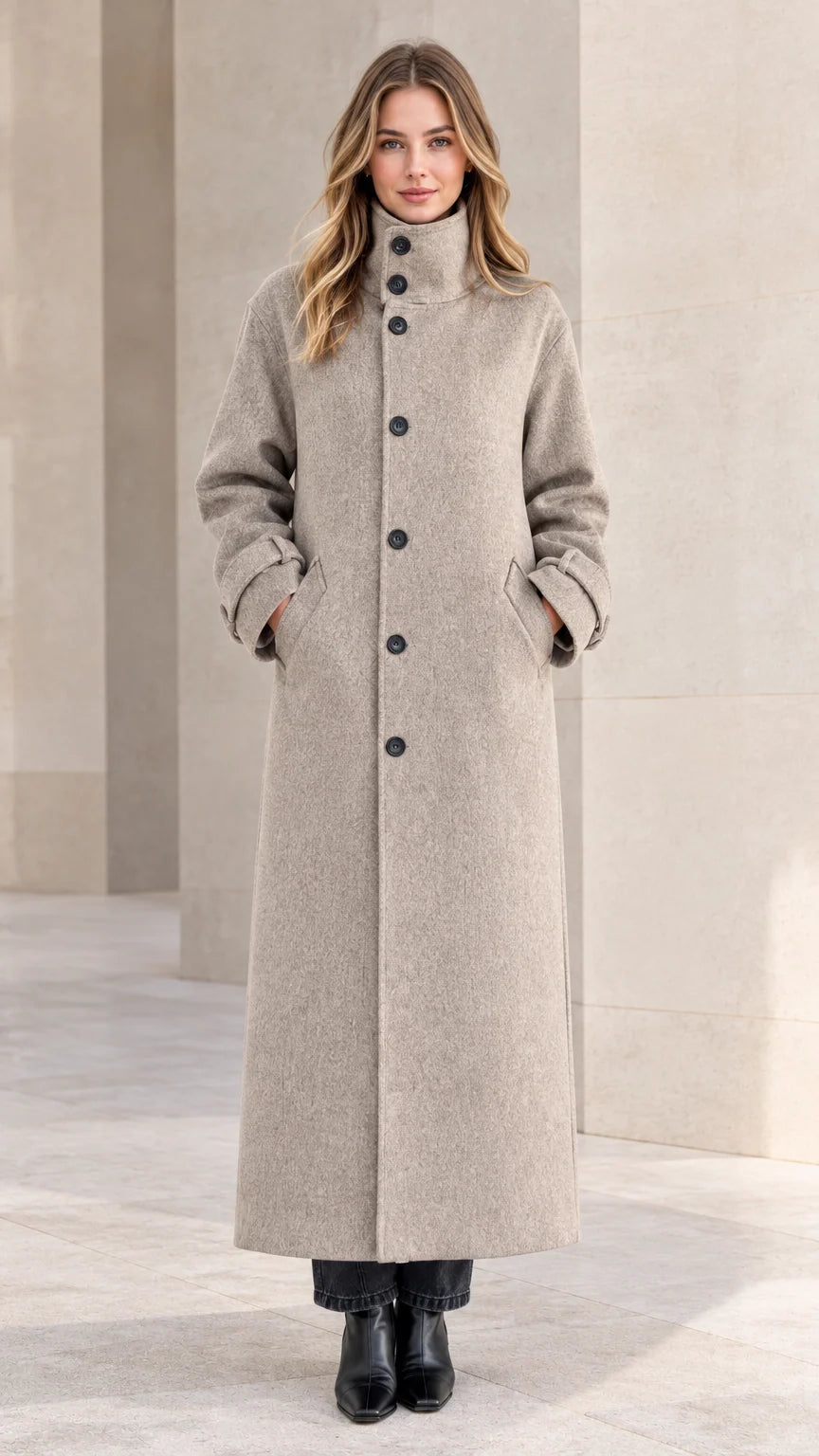 Front full view of woman wearing heather grey high stand collar maxi coat with black boots