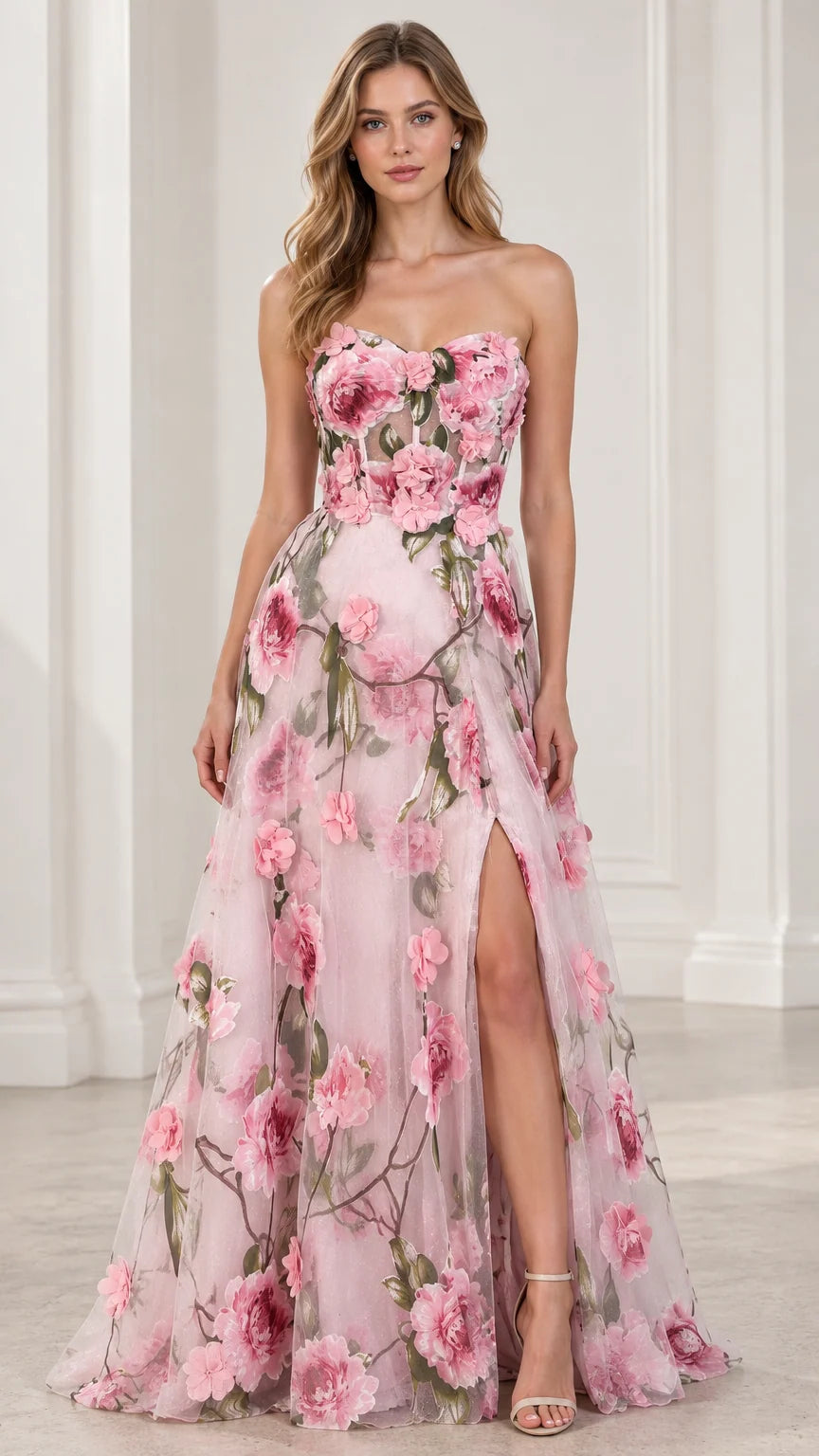 Front view of model wearing Blush Pink strapless 3D floral applique corset evening gown with slit