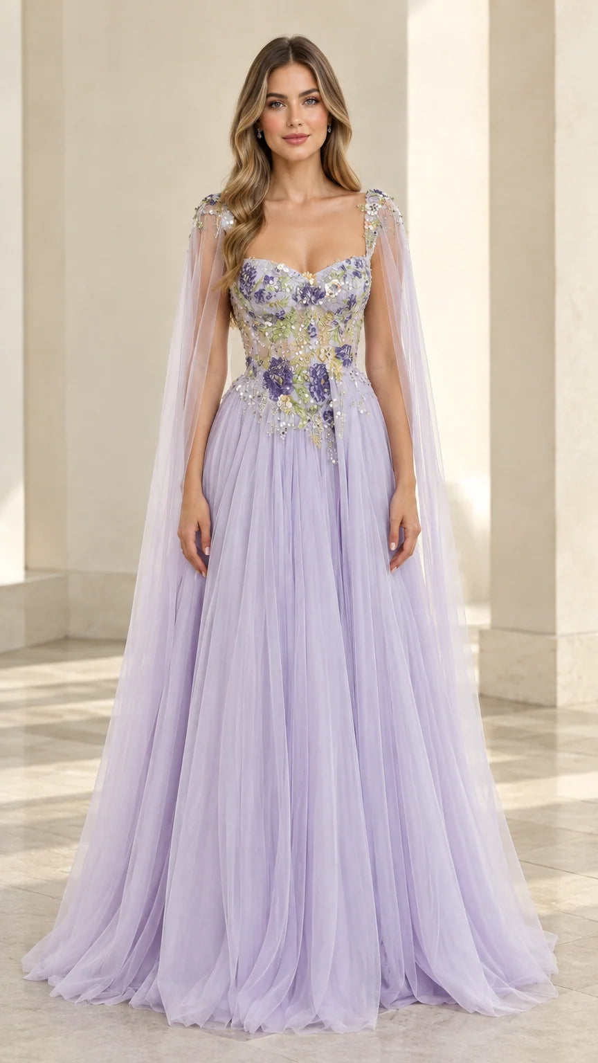 Full front view of lavender floral embroidered tulle evening gown with cape sleeves