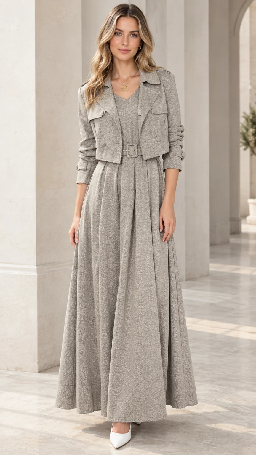 Full front view of model wearing Heather Grey cropped jacket and pleated maxi dress set