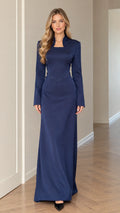 Front full-length view of model wearing Navy Blue long sleeve stand collar evening maxi dress