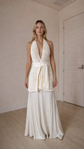Front view of ivory open knit halter top and maxi skirt set