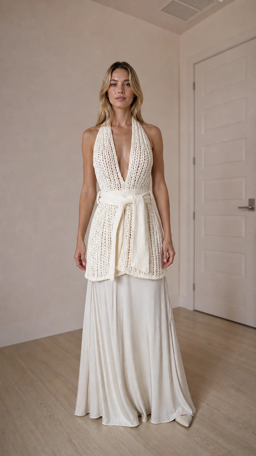 Front view of ivory open knit halter top and maxi skirt set