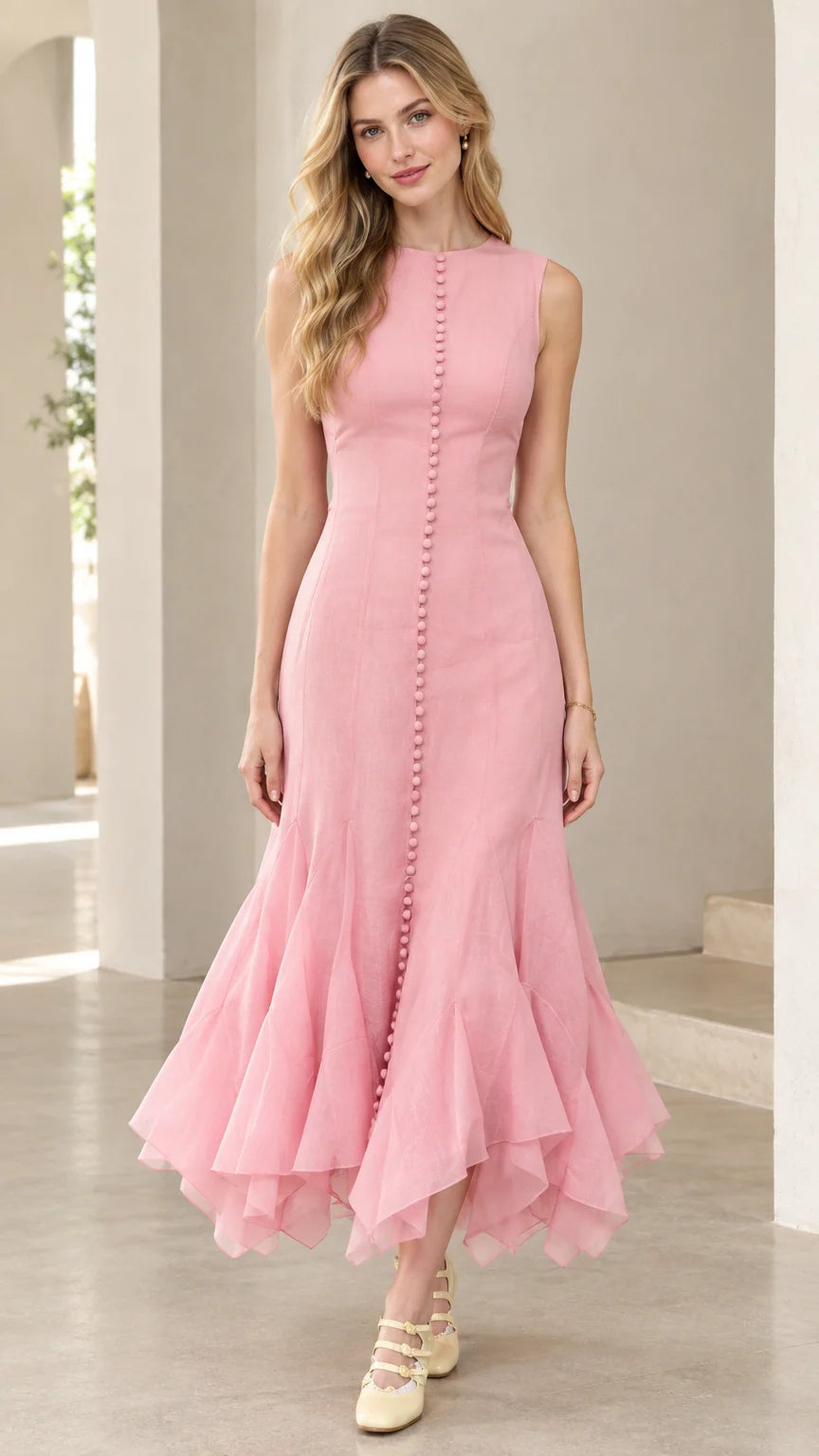 Front full-length view of woman wearing pink sleeveless button-front mermaid midi dress with ruffled hem