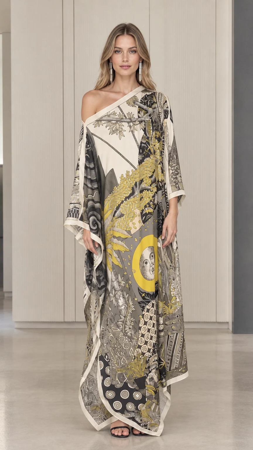Front view of model wearing ivory one-shoulder celestial print kaftan maxi dress