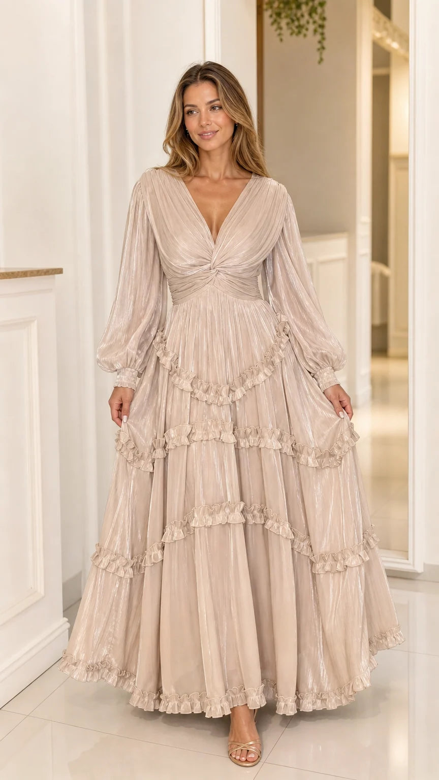 Front view of Champagne Beige pleated shimmer maxi dress with long balloon sleeves and tiered ruffled skirt