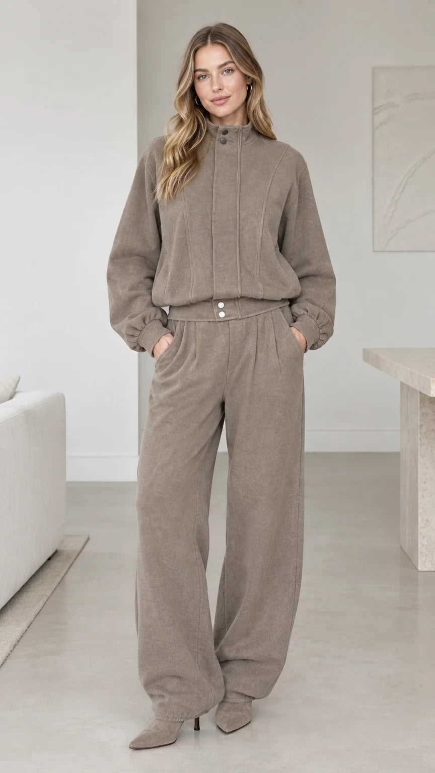 Women's taupe mock neck sweatshirt and wide-leg matching lounge set front view