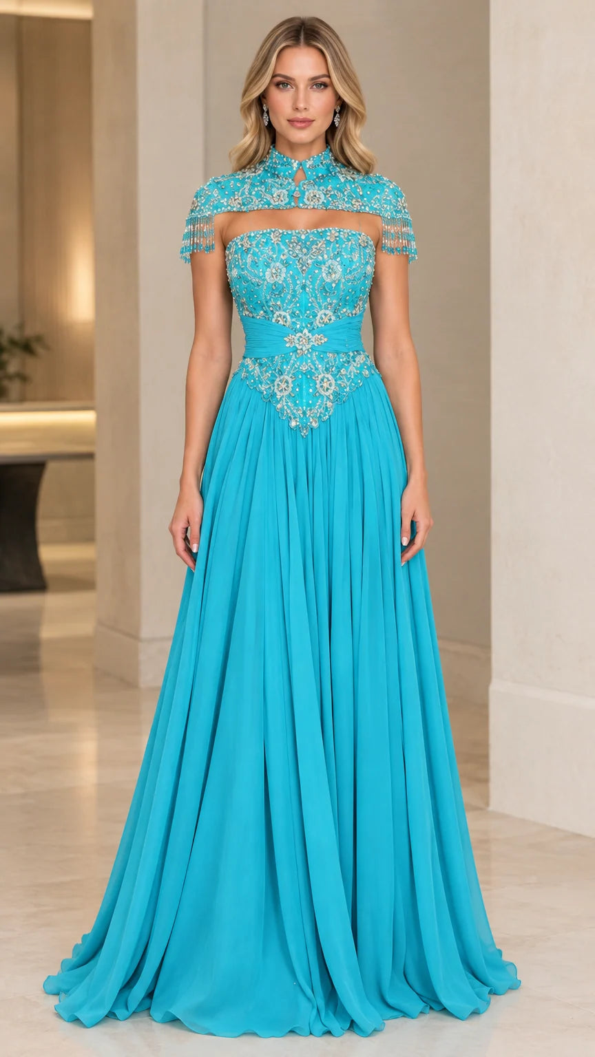 Turquoise embellished high-neck capelet evening gown front view