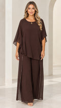 Front full view of women wearing Chocolate Brown layered chiffon 2-piece pant set with beaded trim