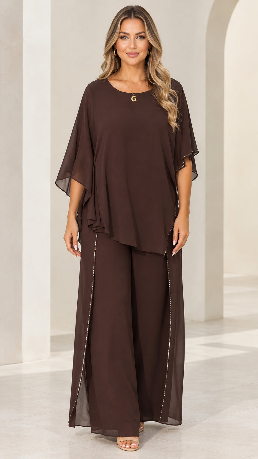 Front full view of women wearing Chocolate Brown layered chiffon 2-piece pant set with beaded trim