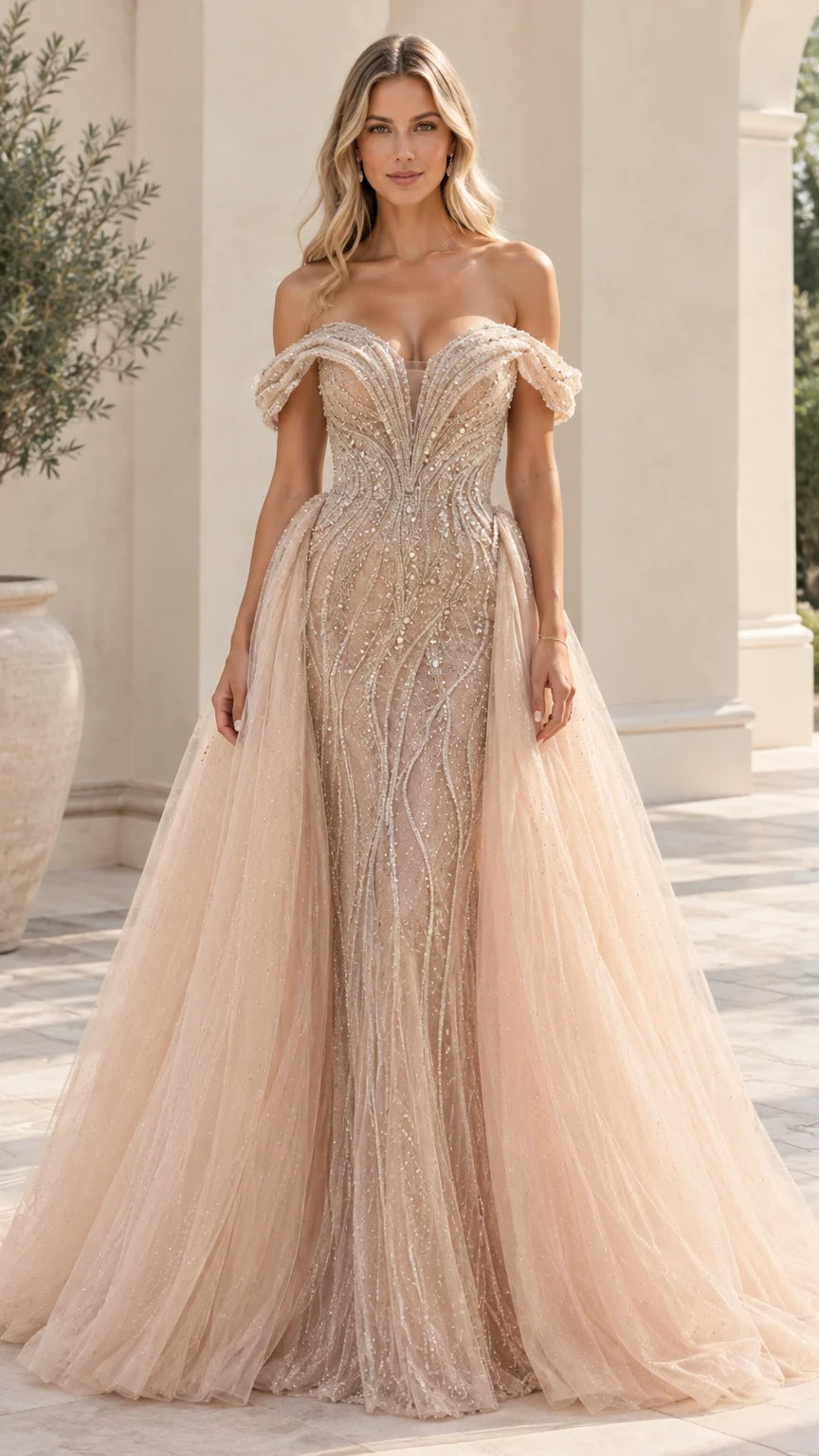 Champagne off-the-shoulder beaded evening gown with tulle overskirt front view