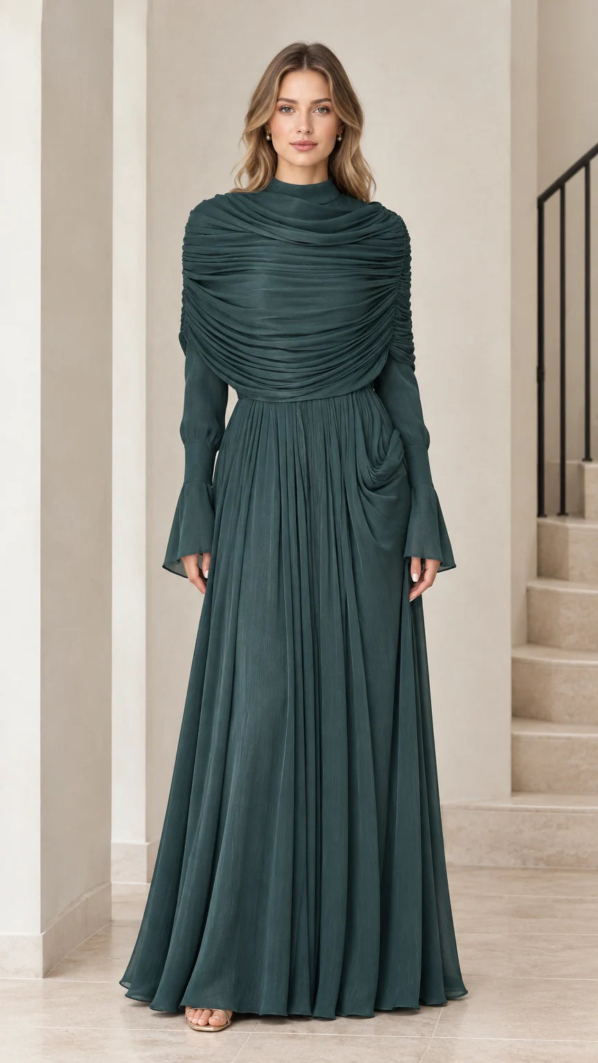 Front view of model wearing Emerald Green high neck pleated bodice maxi dress