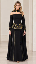 Front view of black floor-length mermaid evening gown with embellished collar and cape sleeves