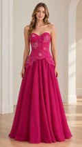 Fuchsia pink strapless sweetheart floral appliqué A-line evening gown front view