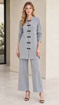 Front full-length view of woman wearing Light Grey mandarin collar tunic top and matching wide leg pants set