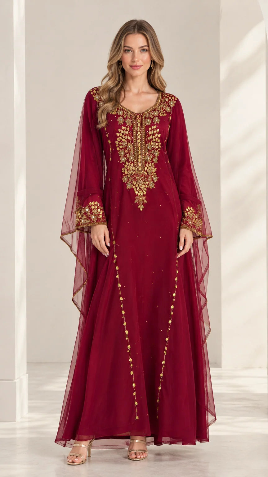 Burgundy embroidered cape sleeve chiffon maxi kaftan dress front view