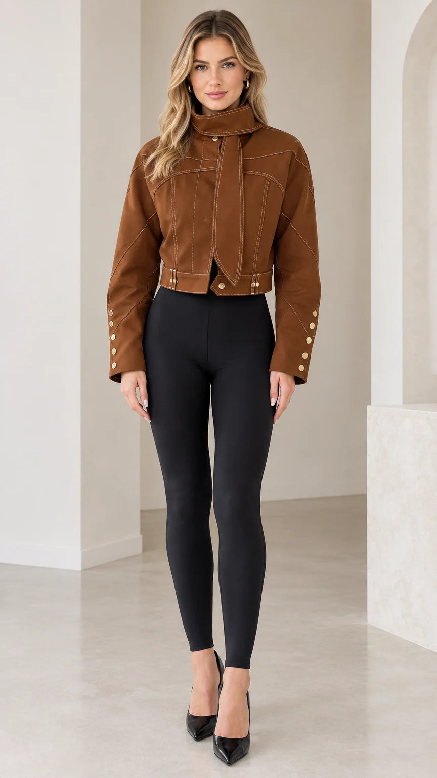 Front full view of woman wearing Caramel Brown cropped high-neck jacket with scarf tie and black leggings