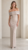 Front view of Champagne pearl embellished off-the-shoulder column evening maxi dress