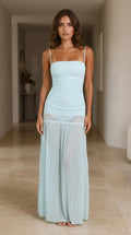 Front view of model wearing Light Blue lace trim maxi dress