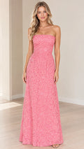 Front view of model wearing pink strapless floral textured maxi dress