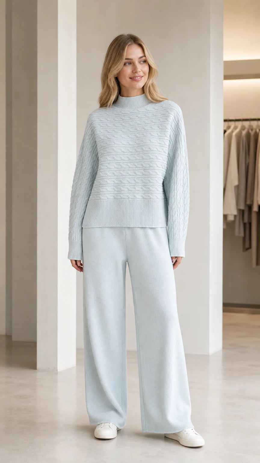 Full front view of model wearing light blue mock neck cable knit sweater with matching wide-leg knit pants