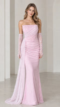 Front full view of woman wearing strapless pink lace evening gown with draped side sash and lace gloves