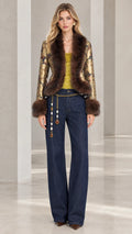 Model wearing gold floral jacquard blazer with brown faux fur trim front view