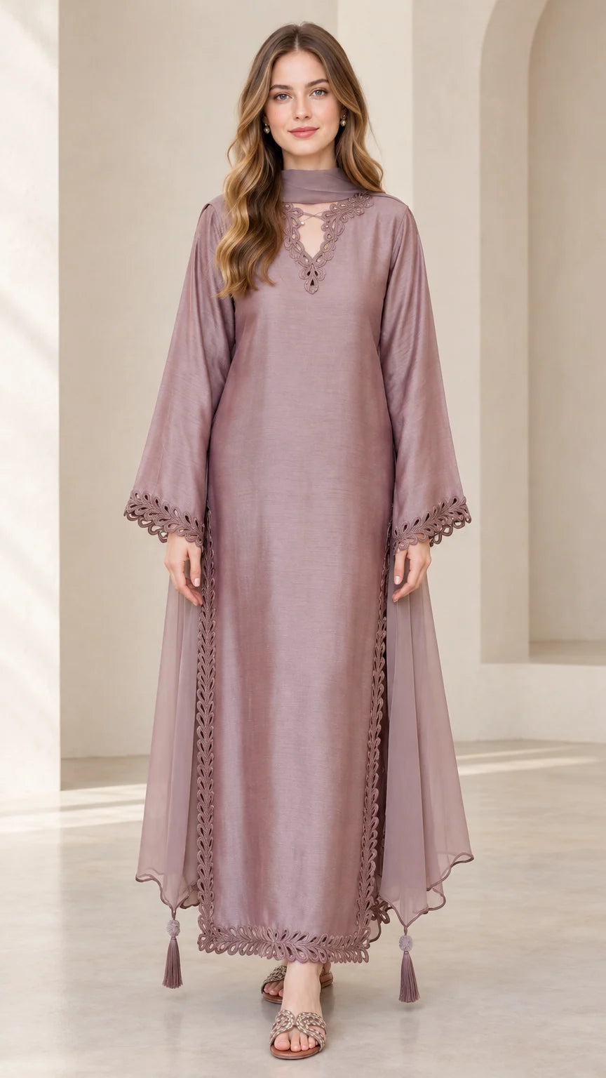 Front view of model wearing dusty mauve embroidered maxi kaftan dress with scarf neck