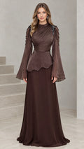 Front view of Chocolate Brown ruched mock neck evening gown with bell sleeves and beaded shoulders