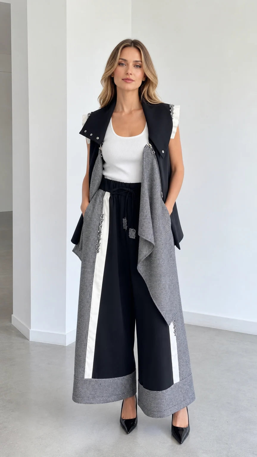 Model wearing black and grey asymmetrical vest and wide-leg culottes 2-piece set front view
