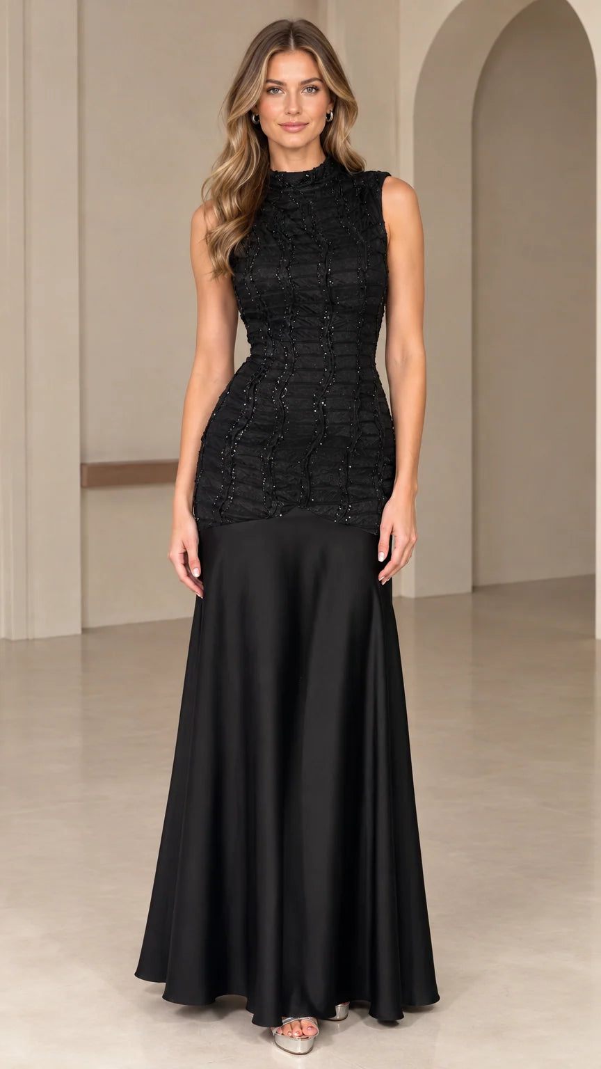 Front view of black high neck sleeveless drop-waist beaded maxi evening gown