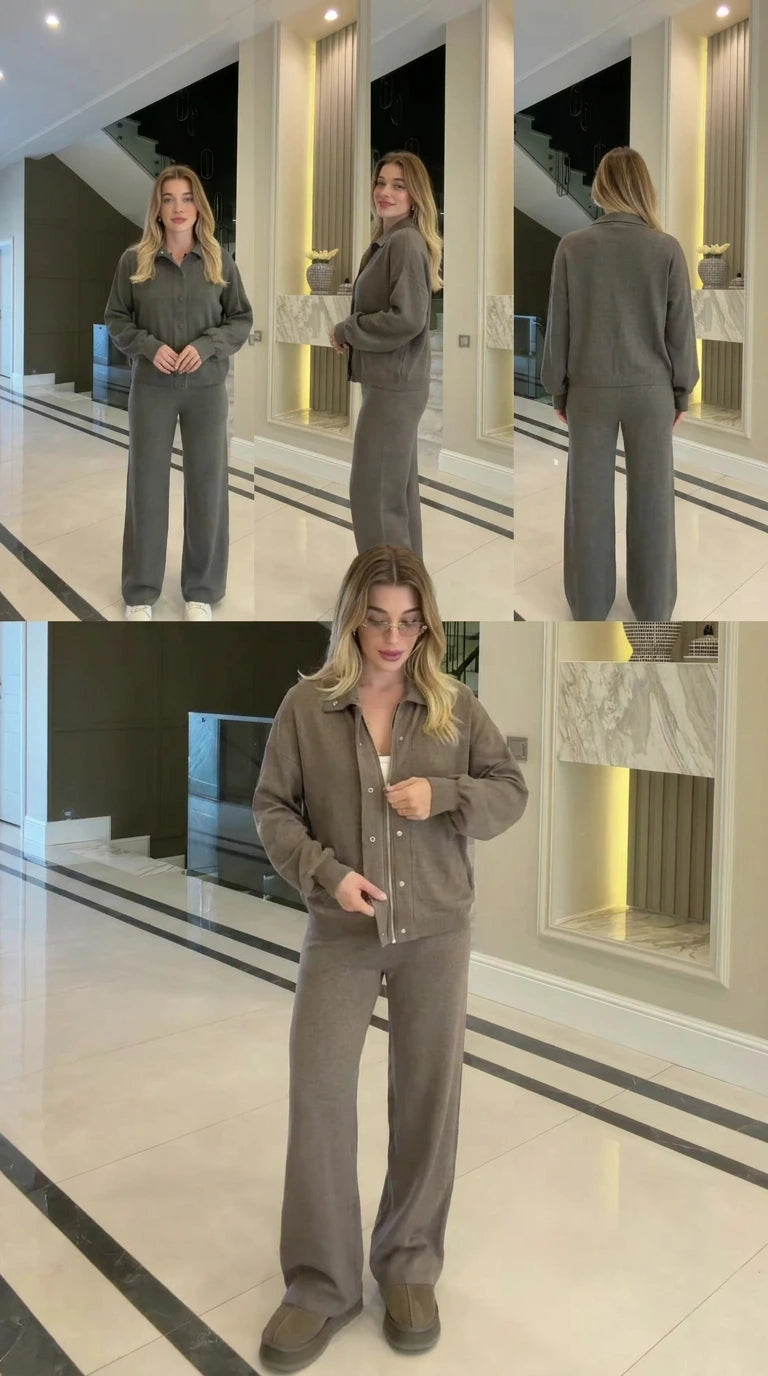 Woman modeling mocha brown zip-front collared jacket and matching wide-leg pants lounge set