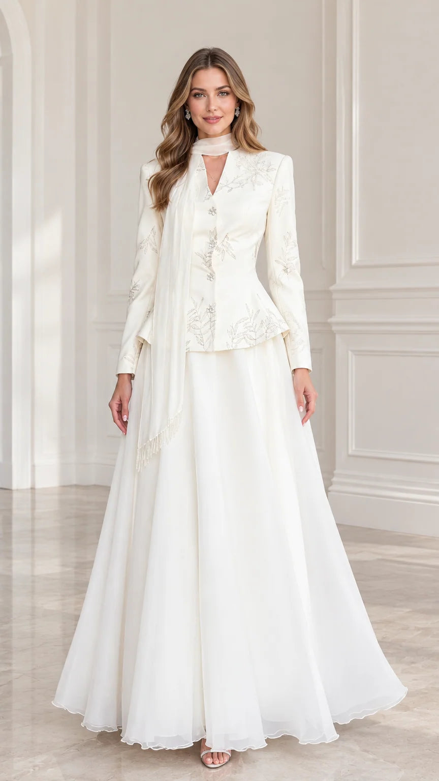 Front full-length view of Ivory embroidered peplum evening gown set with draped scarf