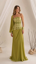 Front view of olive green strapless evening gown with embroidered bodice and side drape