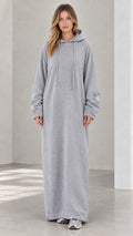 Full front view of model wearing heather grey oversized maxi hoodie dress