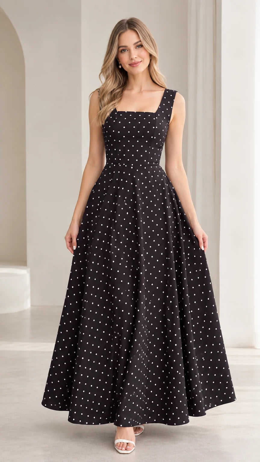 Front view of model wearing black polka dot square neck sleeveless maxi dress