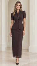 Front view of model wearing espresso brown floral lace peplum jacket and maxi skirt set