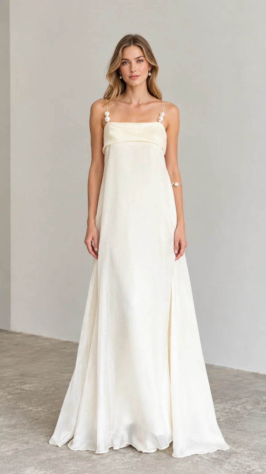 Ivory pearl strap maxi slip dress front view