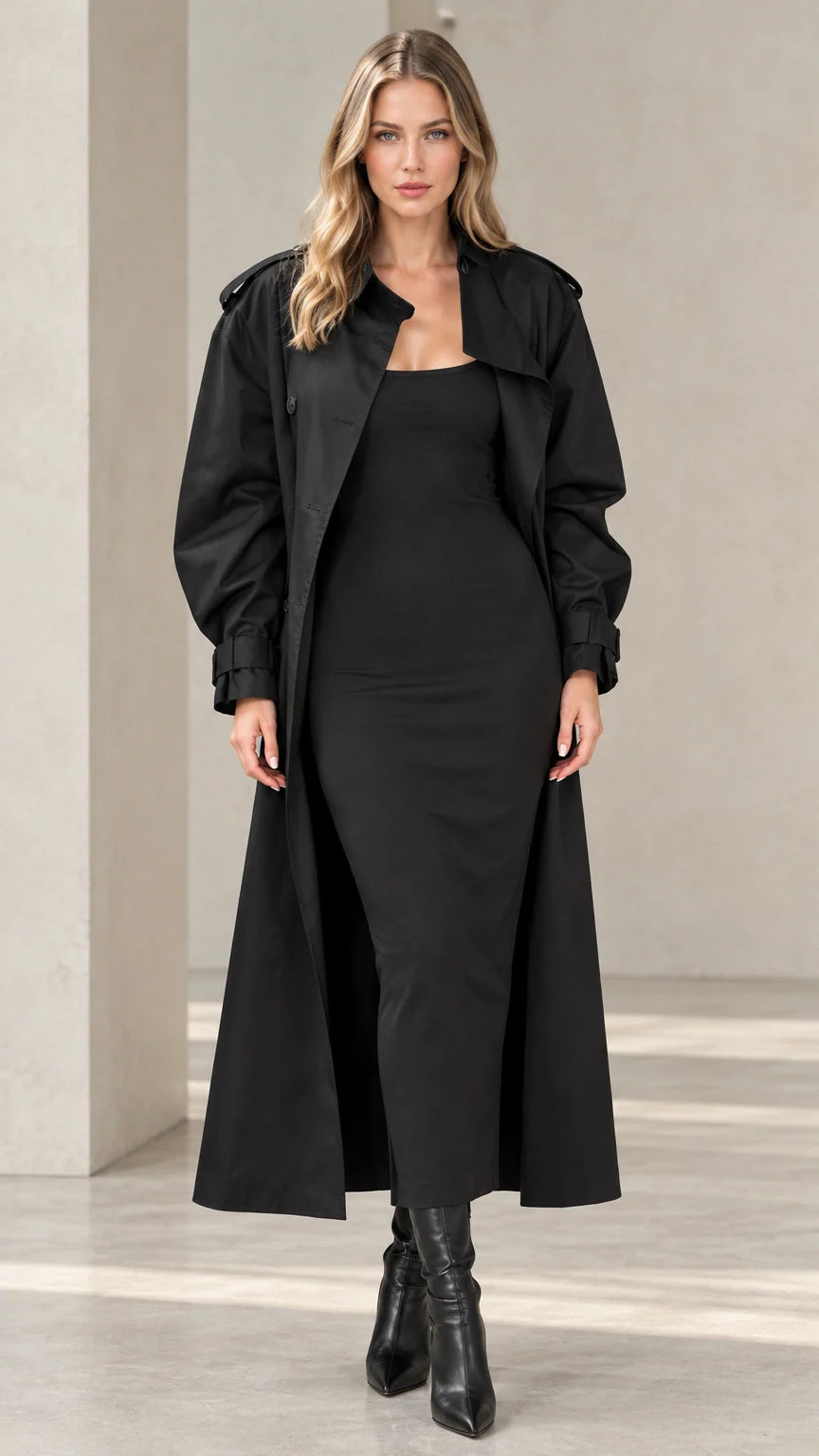 Full front view of women's long black maxi trench coat worn over black bodycon dress