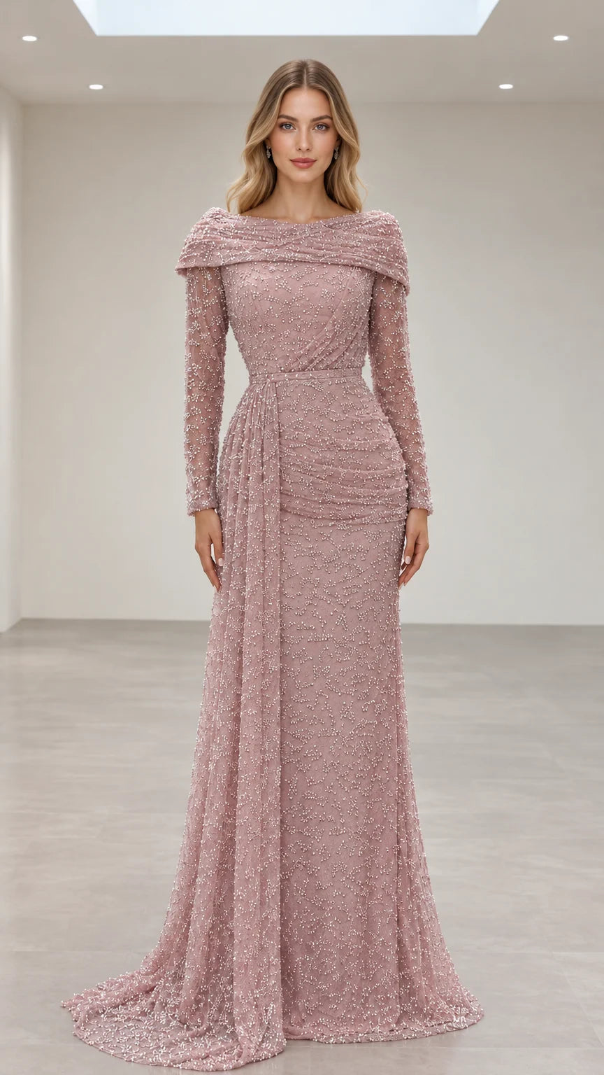 Dusty Rose beaded long-sleeve evening gown with draped waist and portrait neckline - front view