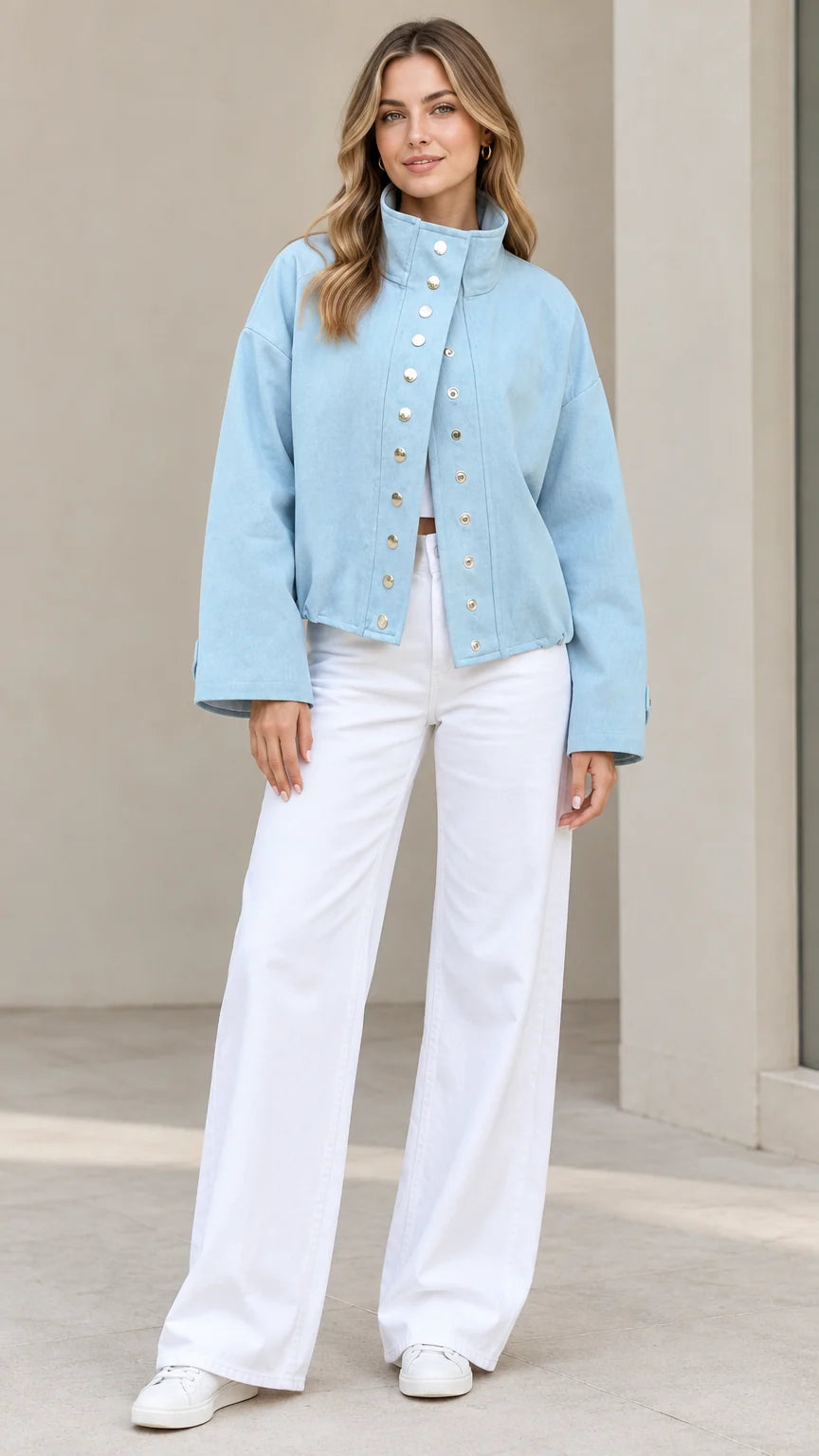 Front full-length view of woman wearing Light Blue stand collar snap jacket and white wide-leg trousers