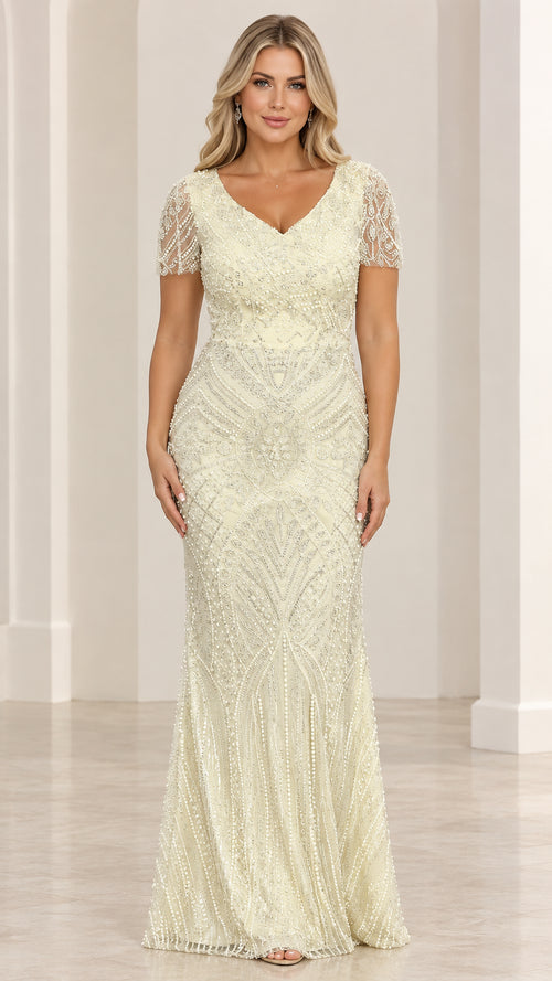 Front view of pale yellow beaded Art Deco V-neck evening gown
