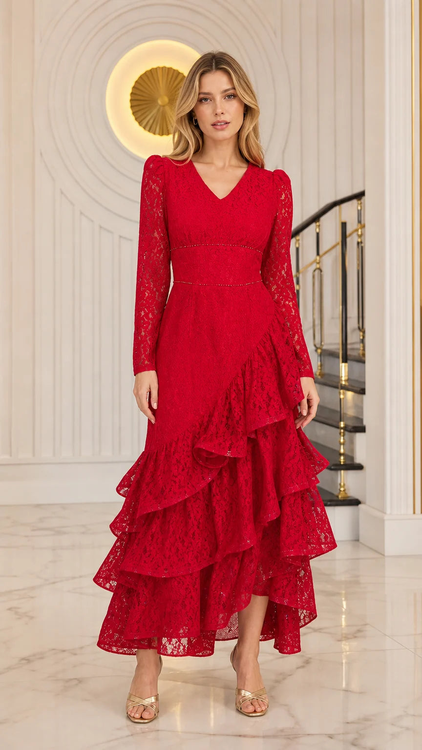 Front view of model wearing the red long sleeve tiered lace maxi evening dress