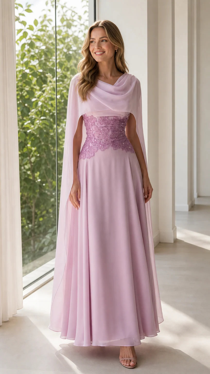 Front view of woman wearing lilac chiffon cape sleeve evening dress with embroidered waist