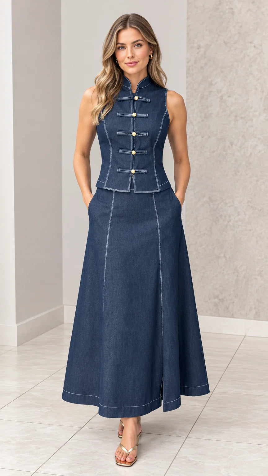 Front full-length view of woman wearing dark blue mandarin collar vest and maxi skirt set