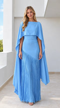 Sky blue formal maxi dress with cape overlay and asymmetrical fringe hem front view