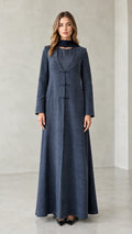 Front view of model wearing Slate Blue textured long sleeve maxi coat dress with matching scarf