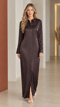 Full front view of model wearing espresso satin long sleeve maxi shirt dress